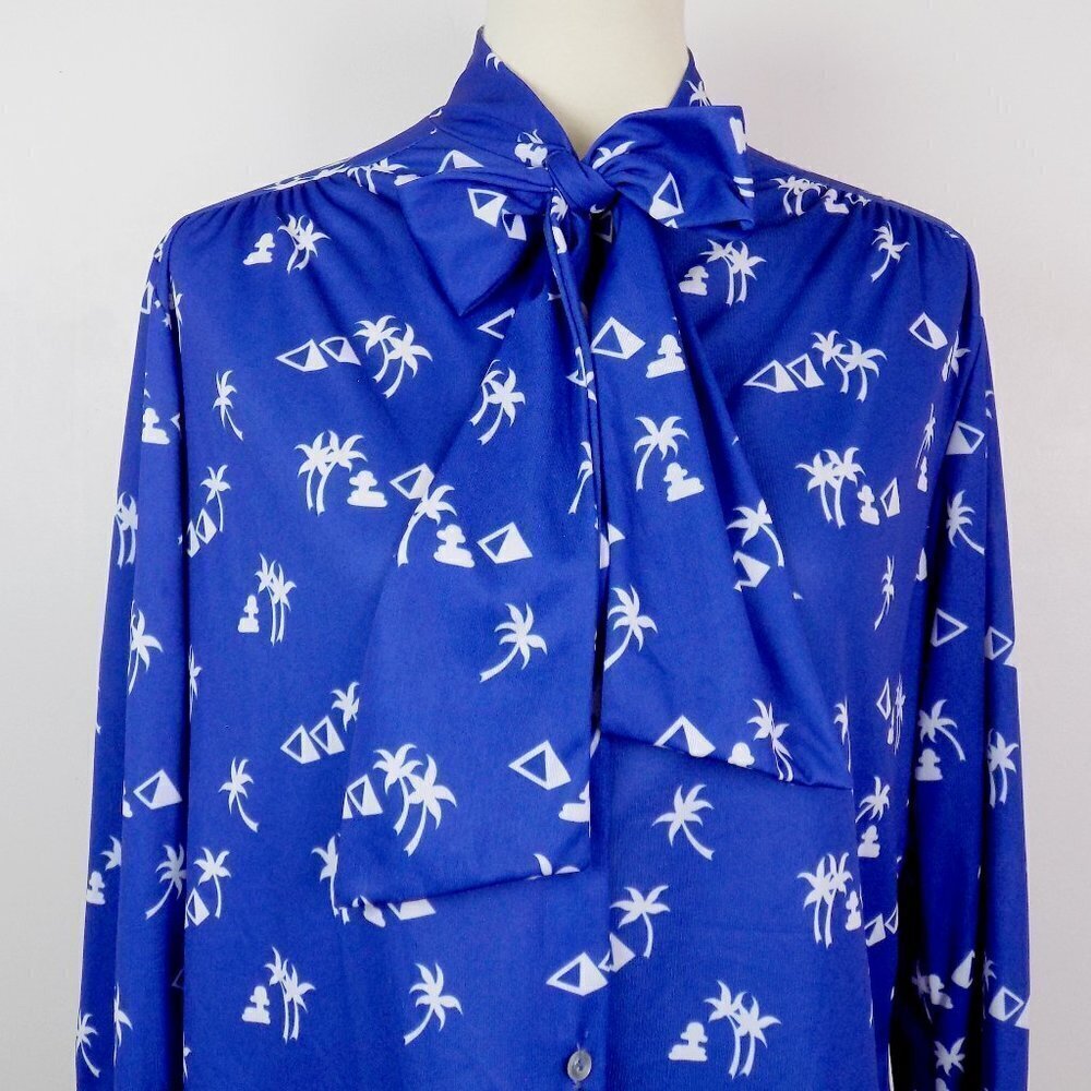 vintage 70s bow neck tie button up top palm tree print indie disco fun